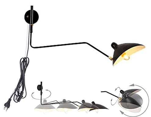 VOMI Industrielle Vintage Wandlampe E27 mit Schalter Stecker Kabel Schwarz LED Wandleuchte Einstellbar Langen Arm Einstellbare Drehen Rustikale Metall Wandbeleuchtung Schlafzimmer Bettseite Büro…