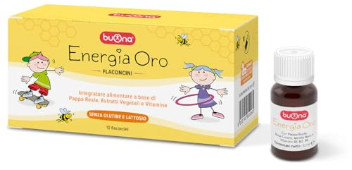 Buona Energia Oro Flaconcini Bambini 10 Flaconcini da 10 ml, con Pappa Reale, Vitamina B1, B2 e B6, Rosa Canina e Mirtillo Nero, Integratore Stanchezza, Ricostituente Senza Lattosio