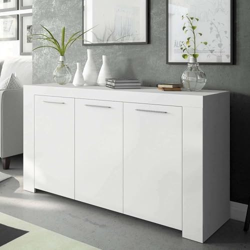 Dmora Sideboard mit drei Türen mit drei Innenregalen, mattweiße Farbe, Maße 144 x 80 x 42 cm