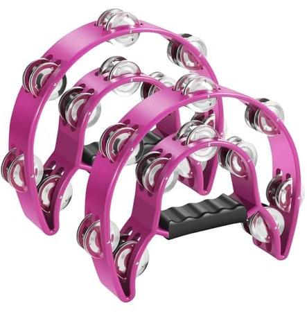 Flexzion Tamburin, Handtrommel - 2er-Pack, 25cm Schellenkranz mit Handgriff, Musik Schlaginstrument, zweireihig Schellenring in Halbmond-Form Rahmen, mit 20 Paar Metall Schellen, Rosa