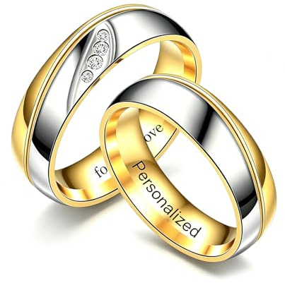 Personalizzato Anello per le Coppie Doppio Della Banda di Colore Del Modello Anelli All'interno Può Inciso Personalizzato di Nozze Promessa Anelli di Fidanzamento 6-13# (Gold with CZ, Custom)