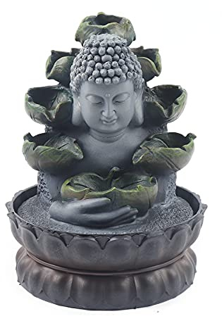 Fuente de interior Buda con iluminación LED, fuente de mesa, cascada, interior y exterior, fuente de jardín, resina, 4 colores, luz, fuente de agua, simulación, jardín de piedra, humidificador