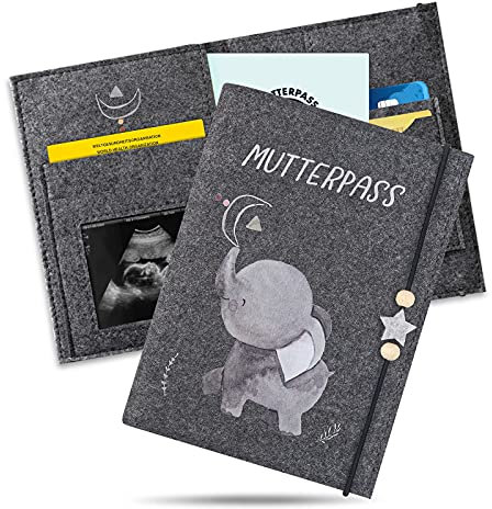 Mutterpasshülle aus Filz,Boho-Stil Elefant Passend für den deutschen Mutterpass, mit Fächer für Ultraschallbild, Versichertenkarte, Impfpass etc.