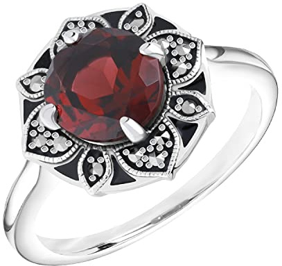 Esse Marcassite Silver Bague Art Nouveau en argent sterling et marcassite avec grenat et émail noir, Métal,