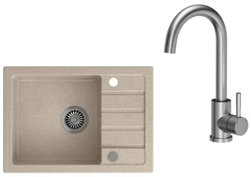 VBChome Spülbecken mit Armatur 62 x 44 cm Beige Spüle Einzelbecken Küche Einbauspüle Verbundspüle Küchenspüle gesprenkelt flächenbündig Siphon Waschbecken