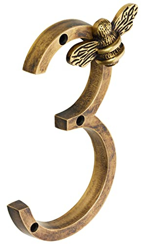 Heritage Brass bee House Number with Bee design | 5 inch Modern Door Sign Numbers Signs Plaques | Street Home Address Numerals (3)