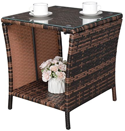 Outvita Rattan Outdoor Side Table with Glass Top & Storage Shelf