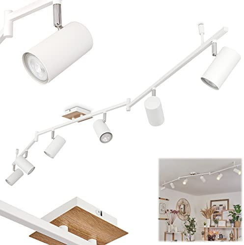 Deckenleuchte Javel, Deckenlampe aus Metall in Holzoptik/Chrom/Weiß, 6-flammig, 6 x GU10, ohne Leuchtmittel, Moderne Lampe mit 6 verstellbaren Spots und Leuchtenarmen