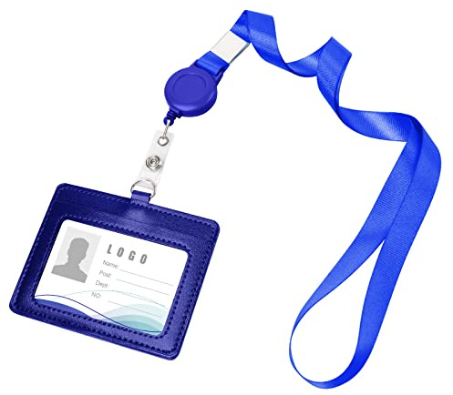 Vicloon Colgante de Tarjeta de Identificación PU, Soporte de Tarjeta ID de Doble, Caracuero Horizontal Portatarjetas con Lanyard y Retráctiles para Personal, Oficina (Azul Marino