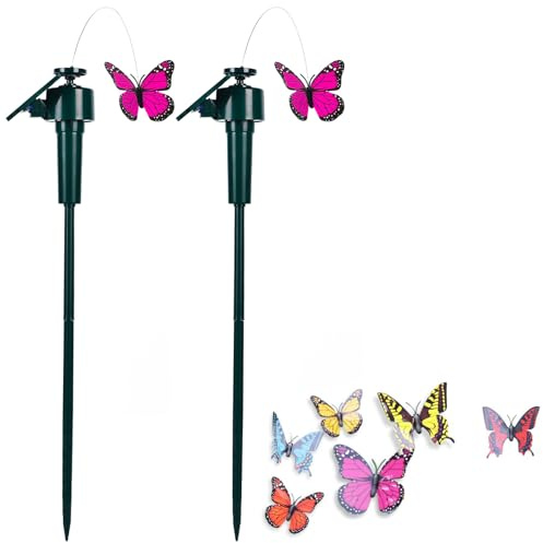 Schmetterling, 2 Stück Schmetterlings-Garten, solarbetrieben, flatternde Schmetterlinge für Garten, Hof, Pflanzen, Blumen, Terrasse, Landschaft, Dekoration (zufällige Farbe)