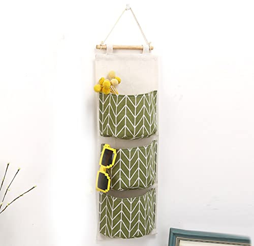 YUMILI Bolsa de Almacenamiento Colgante, 3 Bolsillos de Lino de algodón para Colgar en la Pared, Bolsa de Bolsillo para Colgar en la Puerta, Organizador de Dormitorio, hogar, Oficina (Verde)