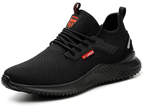 Calish Zapatos de Seguridad para Hombre y Mujer, Ligeros, Zapatillas de Seguridad, Zapatillas de Trabajo, Zapatillas de Obra, Punta de Protección de Acero, Respirables, Antideslizantes, Negro , 47 EU