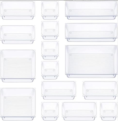 YIHAOBOX 16 Stücke Schubladen Ordnungssystem, Organizer Ordnungssystem mit 5 Schublade Größen, Antirutsch Transparent Divider Make-up Organizer für Küche Badezimmer Kosmetik (Transparent)