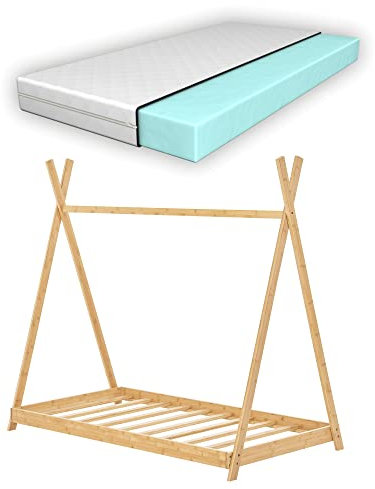 [en.casa] Kinderbett Vimpeli mit Matratze 80x160cm Tipi Bett mit Lattenrost Kleinkindbett Bambus Zelt Spielbett Kinderzimmer