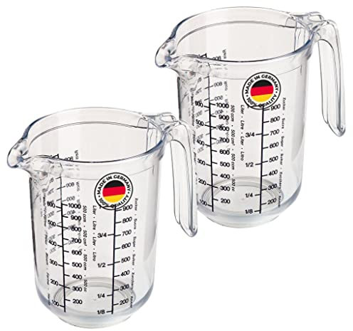 Westmark 2 Messkannen/-Becher mit mehrsprachigen Messskalen und verschiedenen Maßeinheiten, Füllvolumen: 1 Liter, Kunststoff, Gerda, Transparent, 306822E3