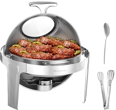Warmounts 6QT Chafing Dish Buffet Set, Roll Top Round Chafing Dishes für Buffet mit Sichtbarem Deckel, Servierutensilien, Edelstahl Chafers für Catering für Partys, Events, Hochzeit, Hotel