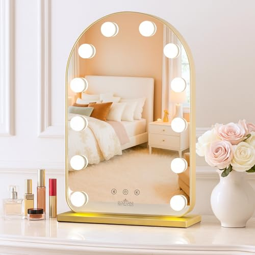 LUXFURNI beleuchteter Hollywood-Schminkspiegel mit 12 LED-Lampen, gewölbtes Design, 3 Farbmodi, 52 × 33 cm, Gold