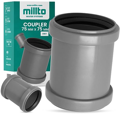 Millto™ Muffe Abwasserrohr 75 x 75 mm Grau PP Abwasserkanalisation Verbindung Anschluss Kanalrohrsystem Chemische Beständigkeit Mit 2 Gummidichtringen