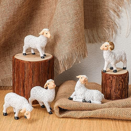 Barydat 5 Pieces Christmas Nativity Animals Set 5 Inch White Sheep Animals Figurines Goat Figurine Collectible Nativity Sets Figures Village Accessory for Holiday Xmas Home Decorations Gift
