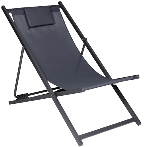 FIFITARA Chaise longue pliable en métal anthracite - Charge maximale : 110 kg - Dossier réglable sur 4 niveaux - Pour jardin, balcon, terrasse, plage