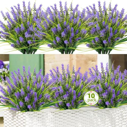 Artificial Flowers Outdoor Faux Lavender Plants Fake Flowers, 10 Bundles | UV Resistant Decorative Plastic Shrubs Fake Flowers for Garden Window Boxes Hanging Planter Indoor Outside Decor
