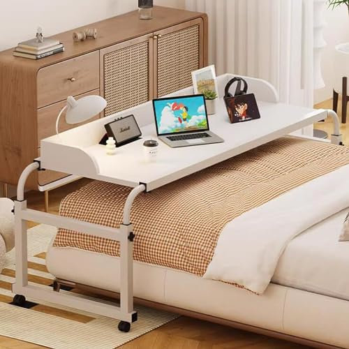 Überbetttisch mit Rollen, höhenverstellbarer Computertisch, Steharbeitsplatz, Essenstablett, Schreibtisch, Rolltisch für Einzel-/Doppel-/Queensize-/Kingsize-Bettrahmen (weiß)