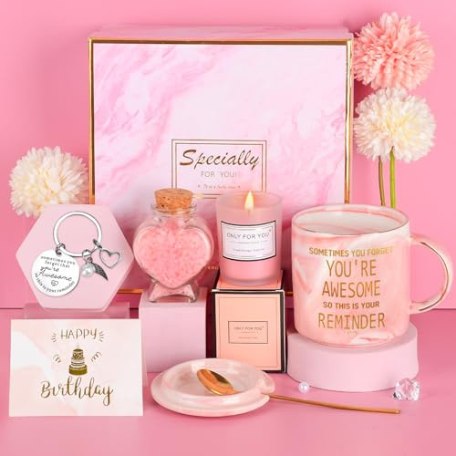 TOLOYE Idée Cadeau Fille, Cadeau Anniversaire, Tasse à Café, Aromathérapie, Sels de Bain, Porte-clés, Carte de Voeux, Coffret Cadeau, Cadeaux pour Amie, Sœur (Rose, universel)