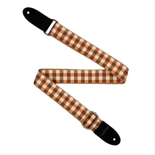 CASCHA Ukulele Gurt, vegan - Verstellbarer und komfortabler Ukulelengurt aus umweltfreundlichen Materialien, langlebig und stilvoll, passt zu allen Ukulelen, ideal für alle Spieler - Checkered Orange