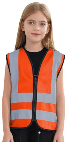 Aiihoo Warnweste Kinder Mädchen WarnschutzWeste Reflektierendes Sicherheitsweste Atmungsaktive Leuchtweste Fahrradweste Kinderwarnweste A Orange 140-152