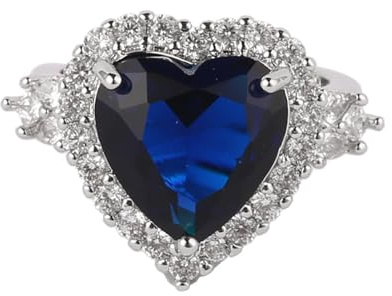 IMINI Bague en forme de cœur avec diamant bleu pour femmes et filles - Bague de fiançailles - Bague réglable et élégante - Cadeau de bijoux, Plaqué or blanc, Zircone cubique