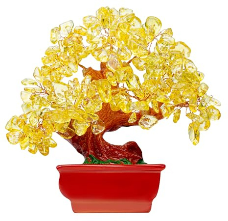 QINJIEJIE Citrine Crystal Money Tree for Room Office Desk - Yellow Feng Shui Bonsai With Healing Stones - Luck Tree of Life Decor for Positive Energy - Gemstone Gift for Women Men Meditation