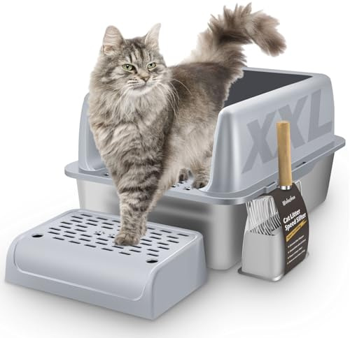 Katzenklo edelstahl xxl, Stainless steel litter box, Katzentoilette offene mit metall schaufel, Cat litter box hohem rand, Katzentoilette edelstahl, Katzenklo groß leicht zu reinigen(60cm*40cm*30.5cm)