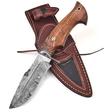 Couteau de chasse, lame en acier damas, manche en bois, 10 pouces, pleine longueur, avec gaine
