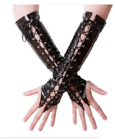 WENH Sexig Lång PVC Dam Svarta Röda Handskar Dam konstläder Svart Bandage Handskar Cosplay Kostymer(Black)