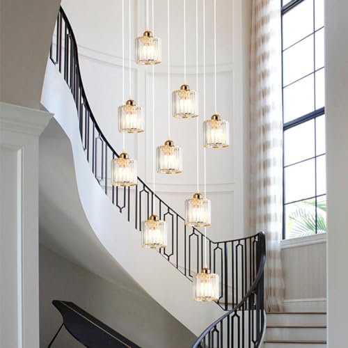 Lustre à 6 boules de verre à LED, suspension d'escalier, lampe à boule de cristal, lustres à longueur réglable, long lustre dans la villa, les cages d'escalier et le salon, lumière chaude, 9 têtes