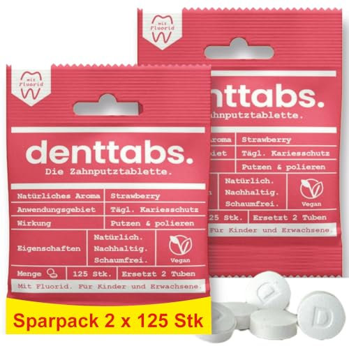 Denttabs Toothbrush Tablets Strawberry Flavour 2 x 125 Pieces The Complete Alternative to Toothpaste, Fluoride-Free for Children and Adults, Vegan Plastic-Free without Preservatives. Compostable Bag