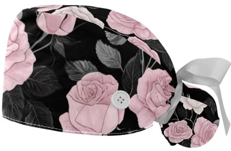 FQURFHY 2 Stücke，OP-Hauben für Frauen，Herren OP-Haube，Pflege-Haarnetz,Für das Krankenhaus,Blumen Rose