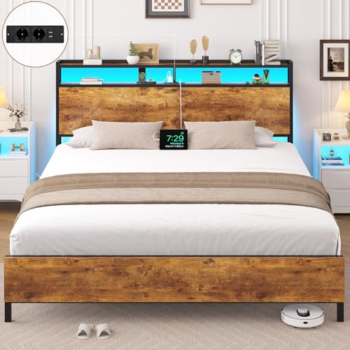 Brinlawb Bett 140x190 cm mit Lattenrost aus Metall, LED Beleuchtung, Ladestation (2 AC-Steckdosen,2 USB-Anschlüsse) Metallbett 140x190 cm mit Holzkopfteil und Stauraum Doppelbett Bettgestell 140x190cm