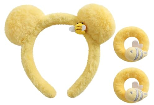 YEAMLTE Diadema con orejas de oso, orejas de oso, 2 diademas para niños, coleta de abeja y cola de caballo, diadema de animales, amarillas, orejas de oso de peluche, para adultos, niños, fiestas,