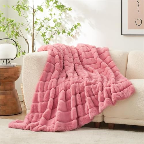 Weiche, Flauschige Überwurfdecke, Luxuriöse Kunstfell-Überwurfdecke, Superweiche Plüsch-kuschelige, Flauschige Decke, Kunstfell-Überwurfdecke, Leichte Gestreifte Kunstfelldecken(Pink,160x200cm)