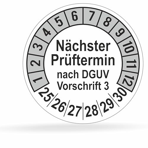beihaasnatuerlich® 112 st testplaketter Nästa testarmin, 20 mm Ø, testeknologi enligt DGUV V3, 2025–2030, testklistermärken, e-Check tetikett, plakett för elektriska apparater (grå, 1 ark)