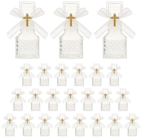 Rainmae 24 Weihwasserflaschen Set Katholisch Klar Weihwasser Behälter 50ml Christliche Glasflasche mit 24 Kreuz Anstecknadel und Spitze Schleife für Kommunion Geschenk Kirche Taufe Hochzeit Party