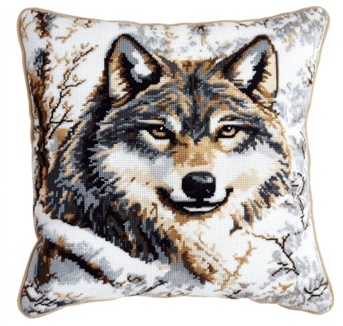 Henypt Kit de Almohadones con Cierre de Gancho Lobo Cojines para Bordar a Mano 17x17 Inch 3D Bordado de Bricolaje Cuadrado Funda de Cojín Decoración para Principiantes, Adultos