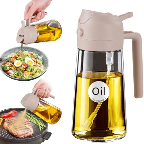 YARRAMATE Oljesprejflaska i glas för matlagning med klistermärken, 470 ml, 2-i-1-flaska, livsmedelsklassad dispenser för olivolja, köksredskap, sprejflaska för sallad, fritös, grill (lotusrot/rosa)