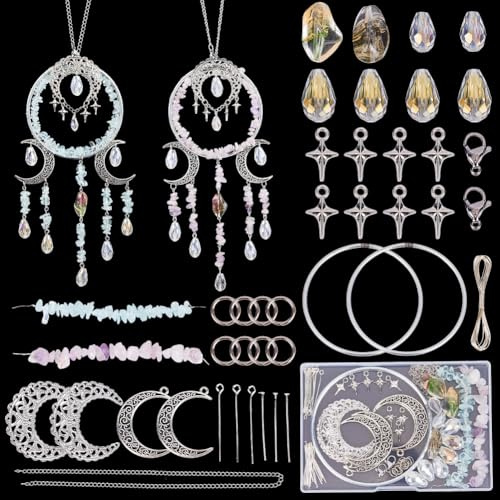 SUNNYCLUE 1 scatola Fai Da Te 2 set Kit Acchiappasole Luna Sole Acchiappasole con Perline Colorato CHIsp di Vetro Antico Vintage Luna Stella Sfaccettata Lacrima Dop Forniture Acchiappasole Kit per Fin