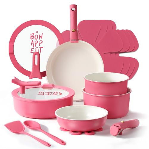 CAROTE 18Pcs Ceramic Cookware Set with Detachable Handle, Pots and Pans Set Non Stick, Non Toxic Kitchen Cooking Sets with Stand-Up Lid, PFAS and PFOA Free, Oven Safe, Induction Ready, Pink