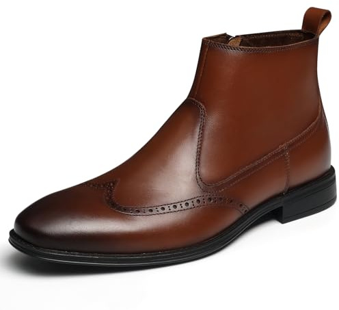 Hantatop Chelsea Boots Men, Genuine Leather Brogue Wingtip Mens Dress Boots with Side Zipper, Comfortable Stylish Slip On Chukka Ankle Boots, Casual Oxford Boots for Men (Brown, M US, Adult, Men, 12, Numeric, US Footwear Size System, Medium)