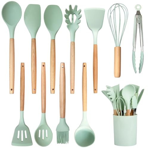 Kitchen Utensil Set, 12 PCS Sage Green Silicone Cooking Utensils Set with Wooden Handle, Heat Resistant & Nonstick, BPA-Free Kitchen Tools & Accessories Set, Dishwasher Safe
