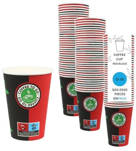 Enpack Schwarz/Rote Pappbecher 180 ml aus Kraftpapier - Kaffeebecher to go zum servieren von Tee, Kaffee, Glühwein oder anderen Getränken - Coffee To Go Becher (1000)