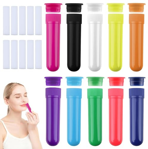 10 Piezas Inhaladores Nasales, Inhalador de Aceites Esenciales, Buena Higroscopicidad Rellenables para Aromaterapia Tubos para Aromaterapia 10 Colores